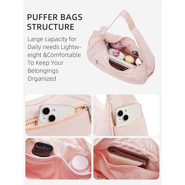Pink puffer shoulder bag interior with zip pocket and phone-sized compartments