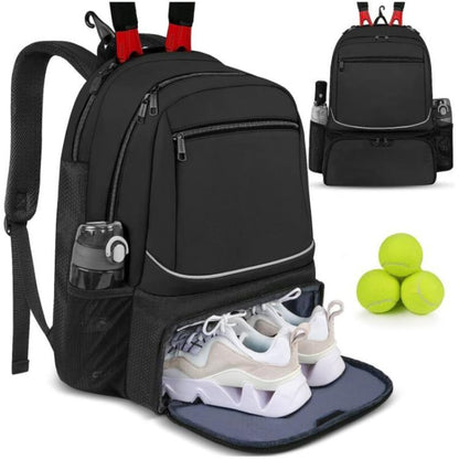 Black travel layered bag with front zip pockets, open shoe compartment, and side mesh holders