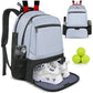Light blue travel layered bag with open shoe compartment, front zip pocket, and side mesh holders