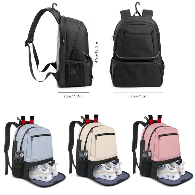 Black travel layer bag size view from front and side with shoe compartment open