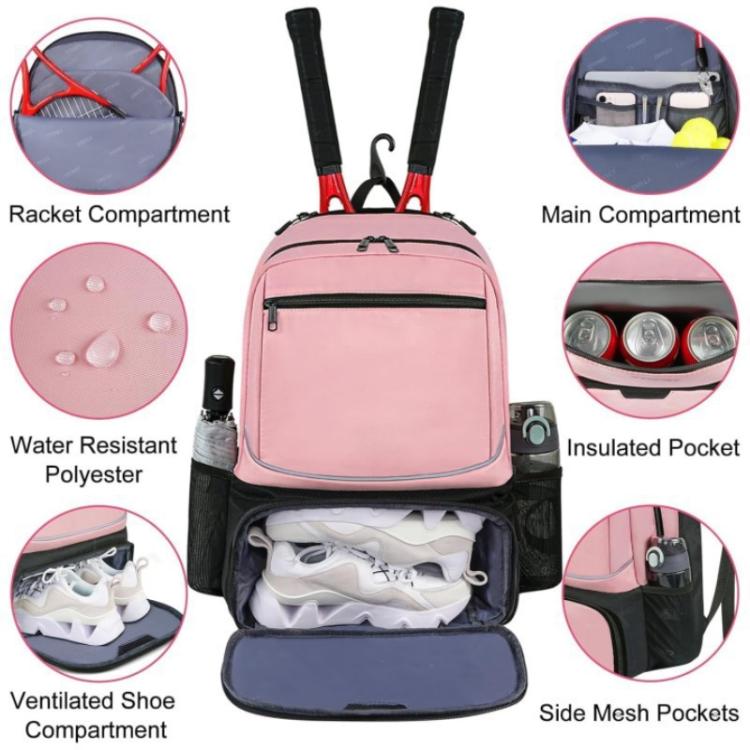 Pink travel layered shoe bag with racket compartment, insulated pocket, and ventilated shoe section