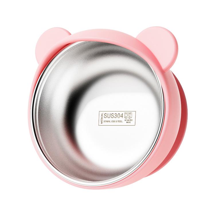 Pink silicone toddler feeding bowl with 304 stainless steel inner and suction base.