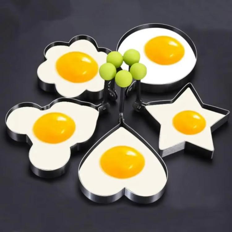 5-piece stainless steel egg mold set with flower, star, heart, and circle shapes