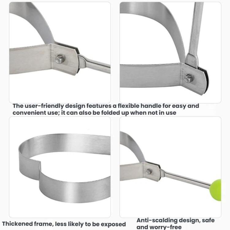 Stainless steel egg mold with long handle, hinged frame, and green end knob