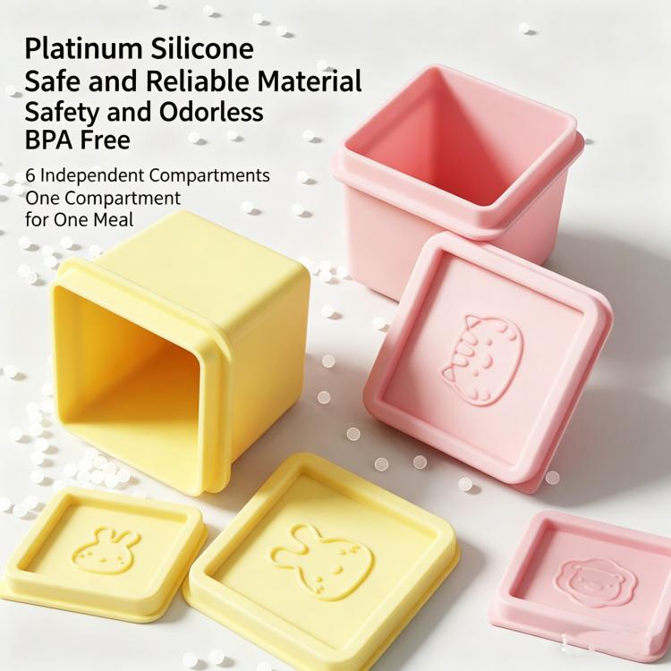 Pink and yellow silicone baby food storage ice tray with separate molded compartment lids