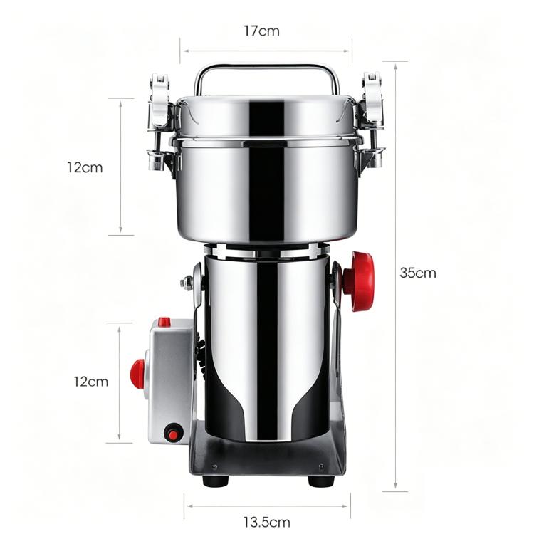 Stainless steel countertop seasoning grinder with carry handle and red side controls