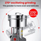 Stainless steel grain grinder with angled oscillating arm and top canister