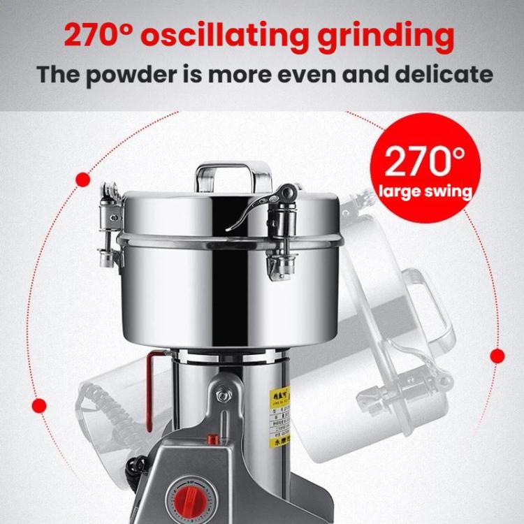 Stainless steel grain grinder with angled oscillating arm and top canister