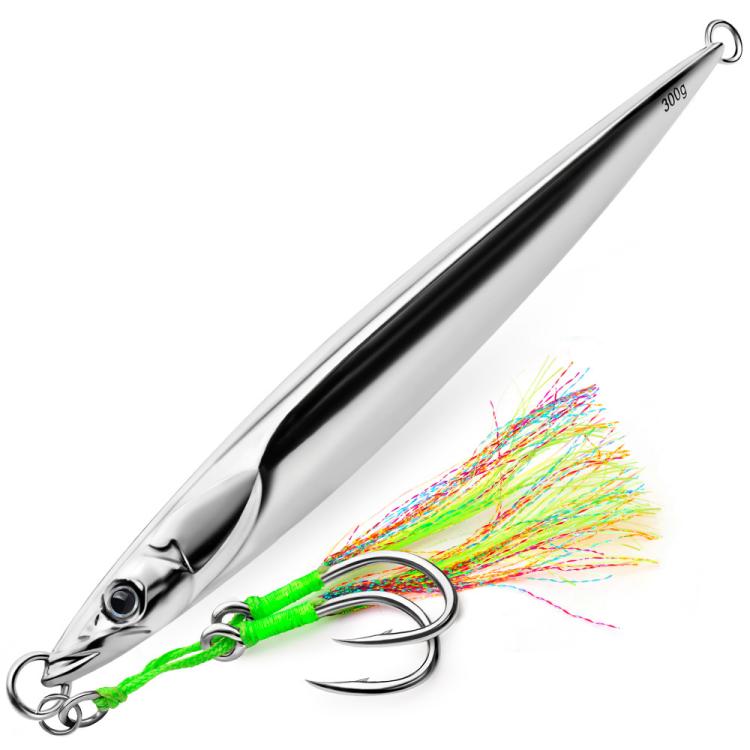 Silver and black metal sinking jig with green braid and rainbow feather assist hooks