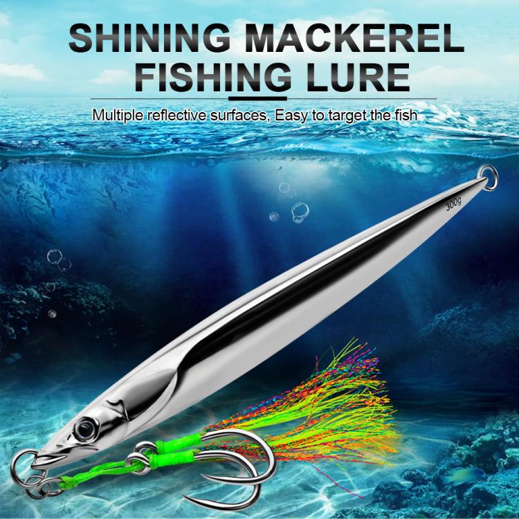 Shining silver mackerel-style fishing lure with black stripe, green braid, and feather hooks