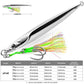 Silver metal jig lure with black stripe, green braid, and double assist hooks with feathers