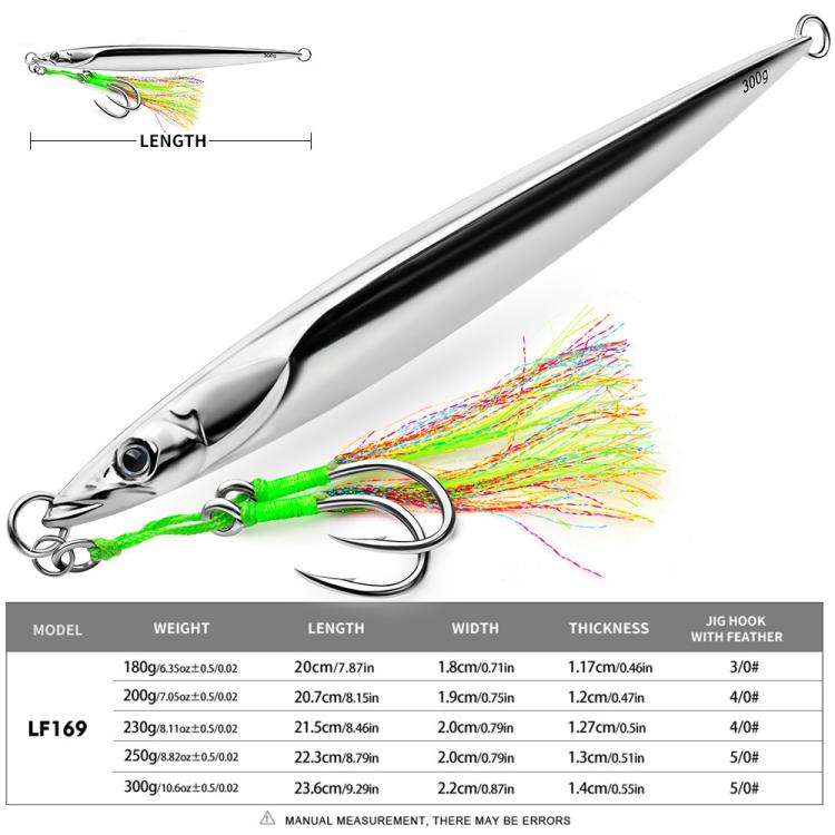 Silver metal jig lure with black stripe, green braid, and double assist hooks with feathers