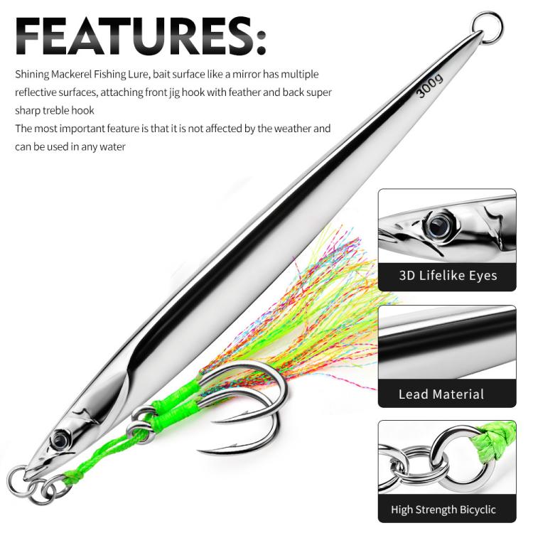 Silver mackerel-style jig lure with black stripe, green braid, and feathered front hook