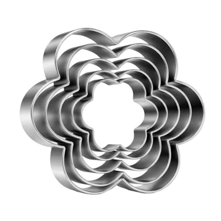 Stainless steel flower cookie cutter with scalloped petals and a center cutout