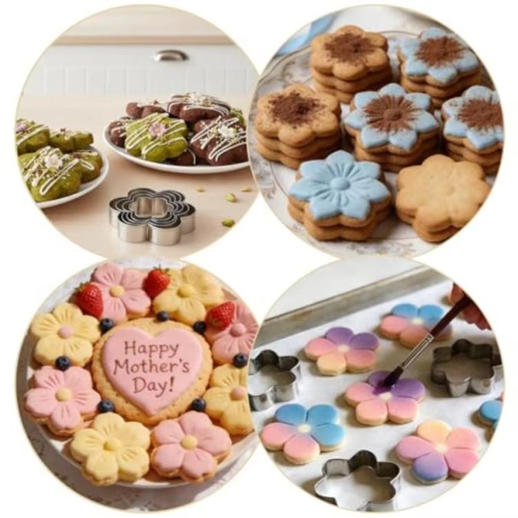 Stainless steel flower cookie cutter set with flower-shaped baked cookies
