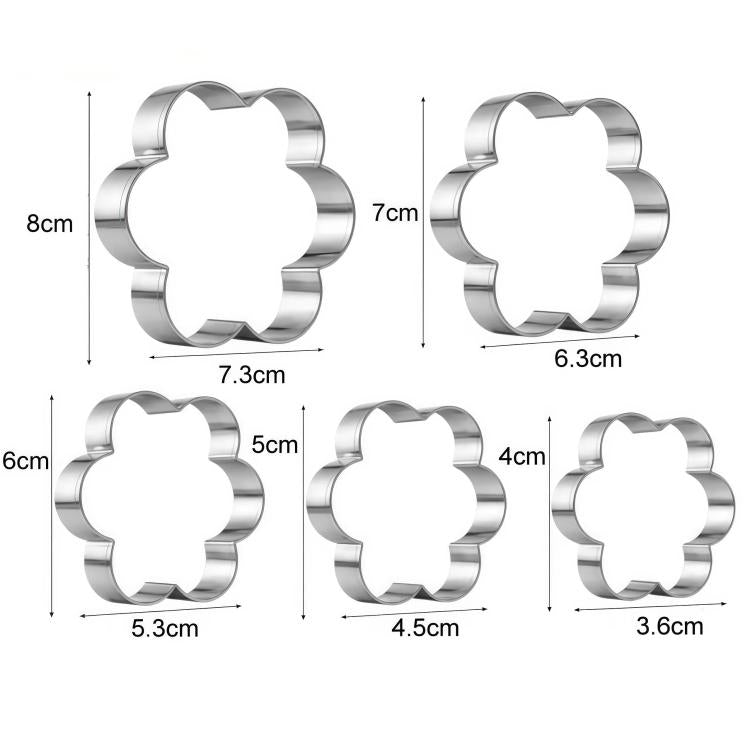 Five flower-shaped stainless steel cookie cutters with size measurements