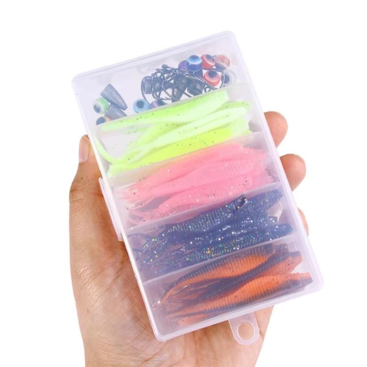 Soft plastic crankbait lure and hook set in clear box, neon green, pink, dark blue