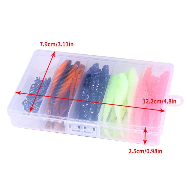 Soft plastic crankbait lure set in segmented clear case, orange, navy, neon green, pink