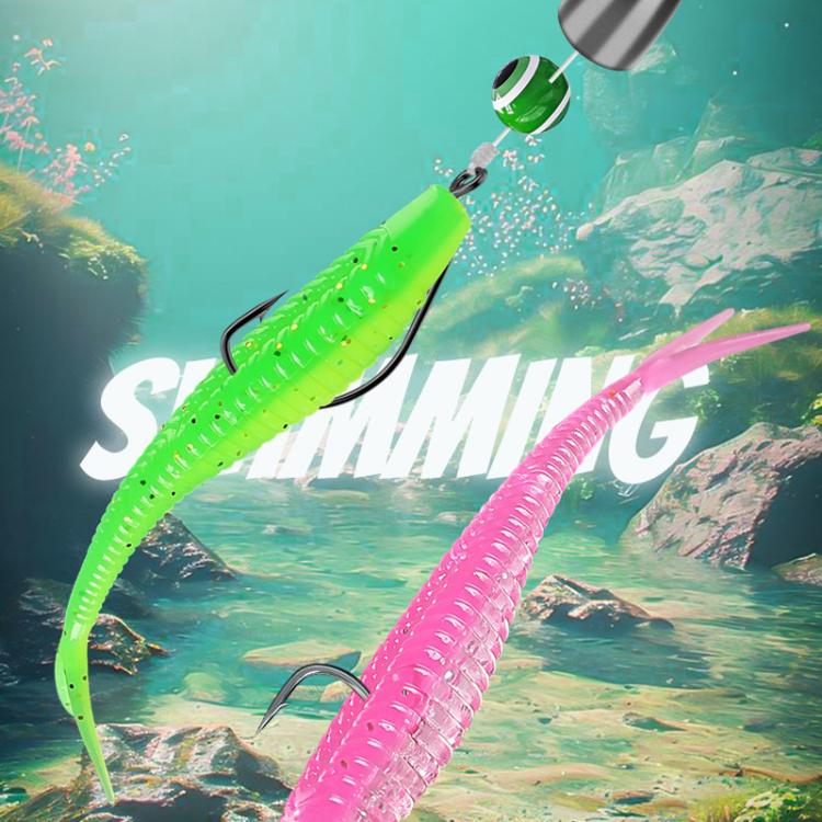 Split soft crankbait lures with treble hooks, neon green and pink