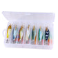 Saltwater fishing lure set in clear case with multiple colorful squid/shrimp-style jigs
