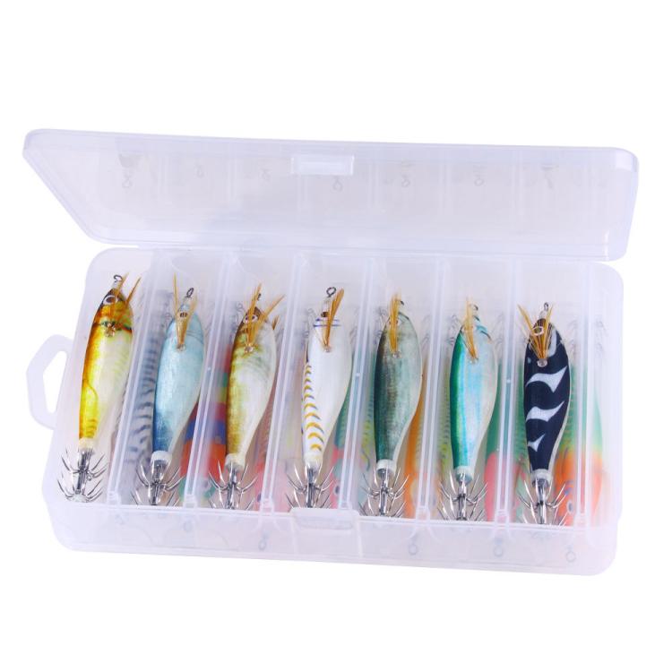 Saltwater fishing lure set in clear case with multiple colorful squid/shrimp-style jigs
