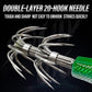Double-layer needle hook set with metallic barbed hooks on green-and-clear jig