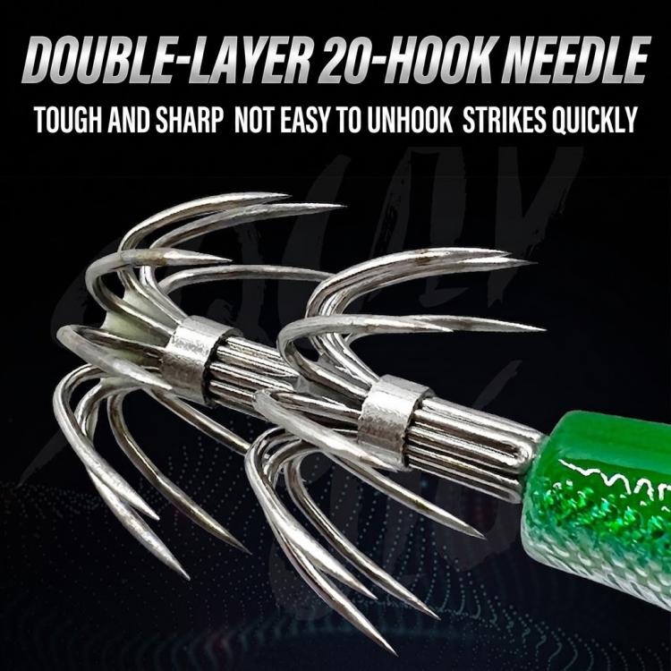 Double-layer needle hook set with metallic barbed hooks on green-and-clear jig