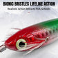 Red-green squid-style fishing jig with large reflective eye and feather skirt