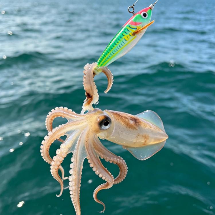 Saltwater fishing jig with octopus lure body and colorful top hook
