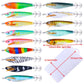 Assorted fluorescent jig lures with size measurements shown on white backing