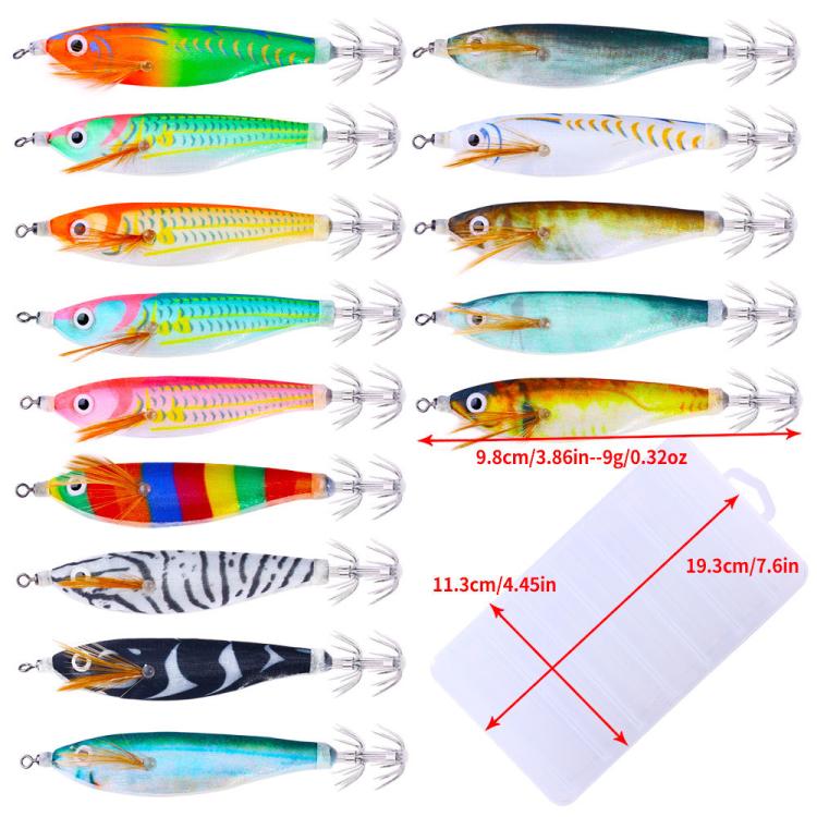Assorted fluorescent jig lures with size measurements shown on white backing