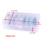 Transparent lure storage box with multiple jigs and printed size dimensions