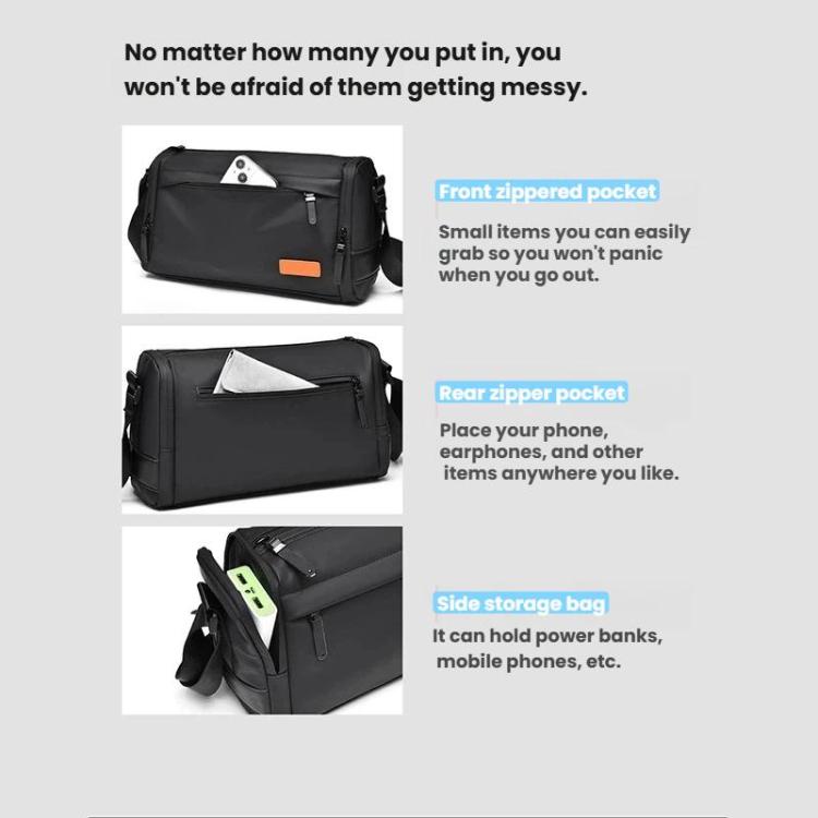 Black crossbody bag with front, rear, and side storage pockets for small items