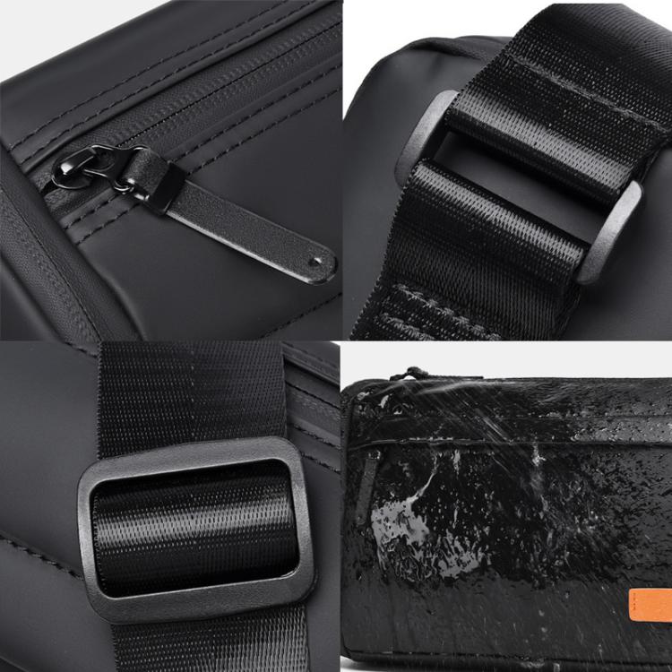 Close-up of black crossbody bag straps, buckles, and water-resistant fabric detail