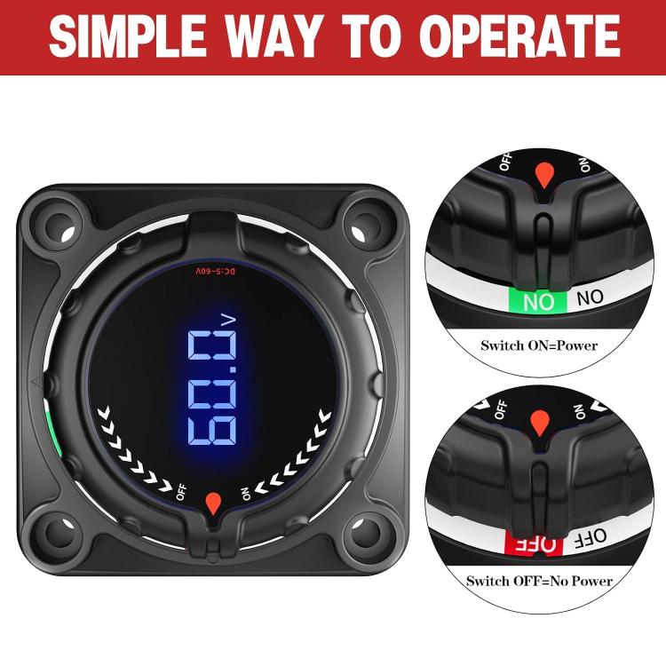 Digital display battery power-off switch showing round face with blue voltage digits