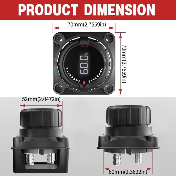 Digital display battery power-off switch with front and side views, black round module