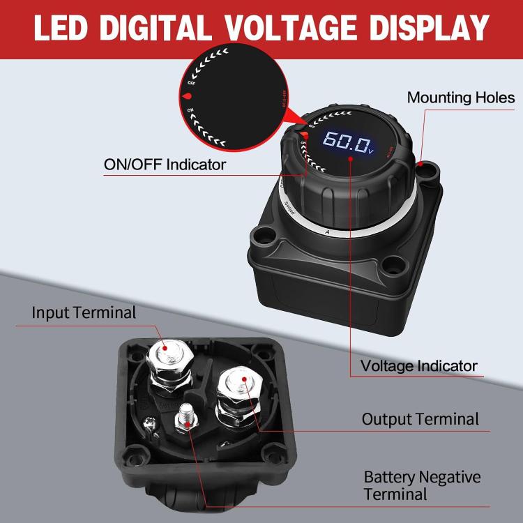 Digital display battery power-off switch with voltage display and input/output terminals