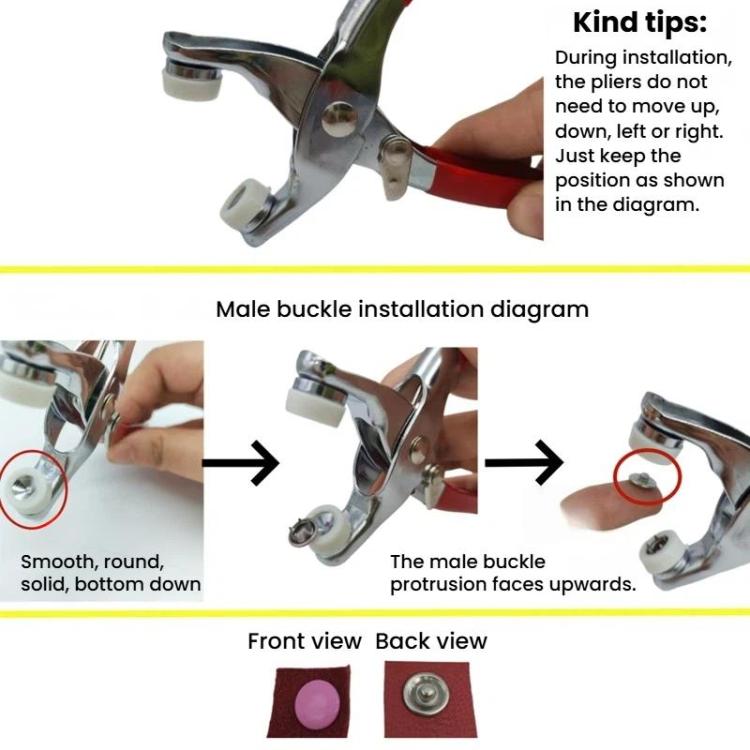 Snap fastener pliers installation diagram for a male buckle on fabric