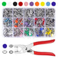 Metal snap fastener set organizer tray with silver snaps and red-handled pliers