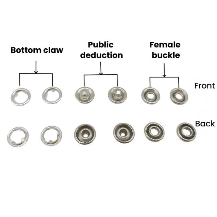 Front and back snap components with metal bases for clothing fasteners
