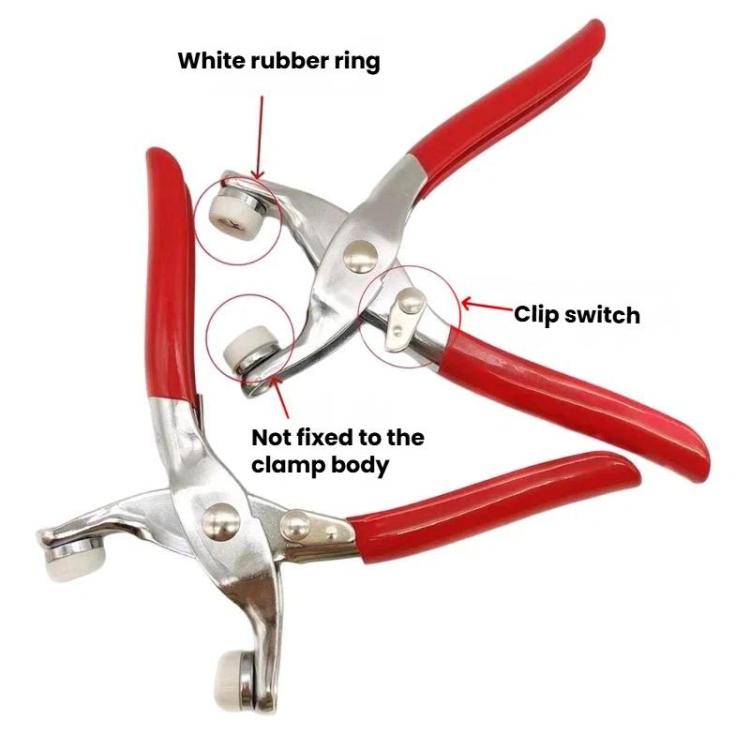 Red-handled snap pliers with metal jaws and visible rubber ring