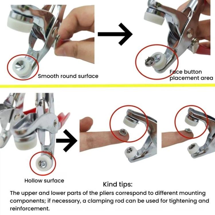 Metal 5-claw snap fastener set with pliers, showing button face and mounting placement