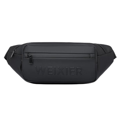 Black waterproof sling fanny pack with front zip pocket and WEIXIER logo