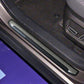 Door sill protector strip installed on car, brushed silver with black channel