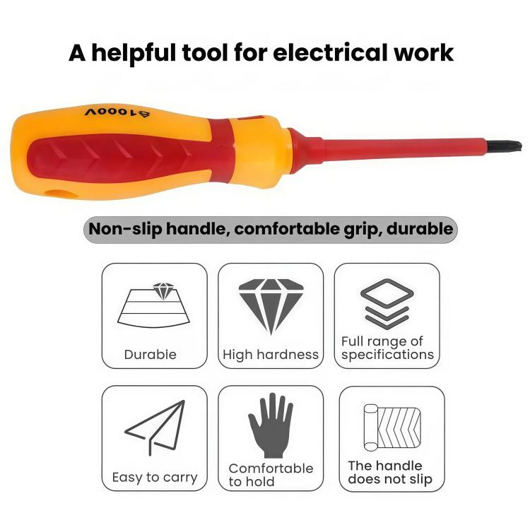 Insulated flathead screwdriver with orange-red handle and yellow non-slip grip