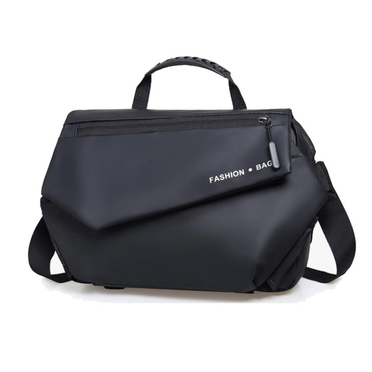 Black messenger bag with front flap zipper pocket and adjustable crossbody strap