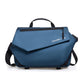 Blue messenger bag with front flap zipper pocket and adjustable crossbody strap