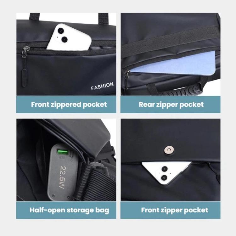 Messenger bag with front and rear zipper pockets and half-open storage compartment