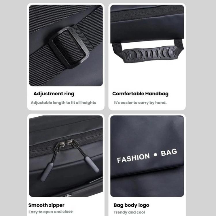 Messenger bag with adjustable strap, top handle, smooth zippers, and logo patch