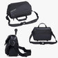 Black water-resistant messenger bag with adjustable strap and zip front pocket